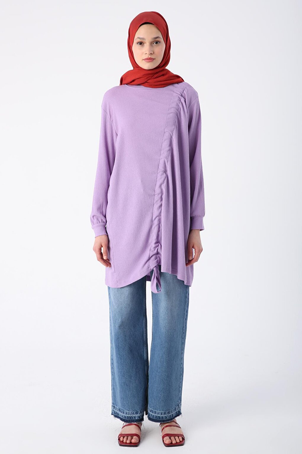 Lavender Drawstring Tie Detail Crew Neck Tunic