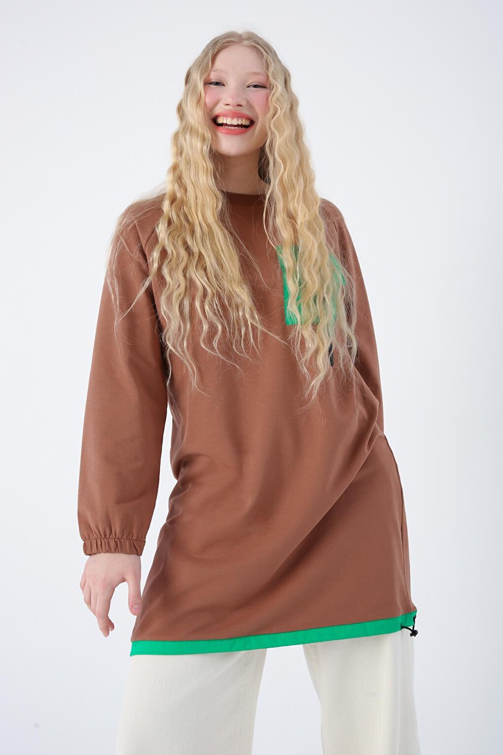 Brown Cotton Garnished Tunic with Pocket Skirt and Gather Detail