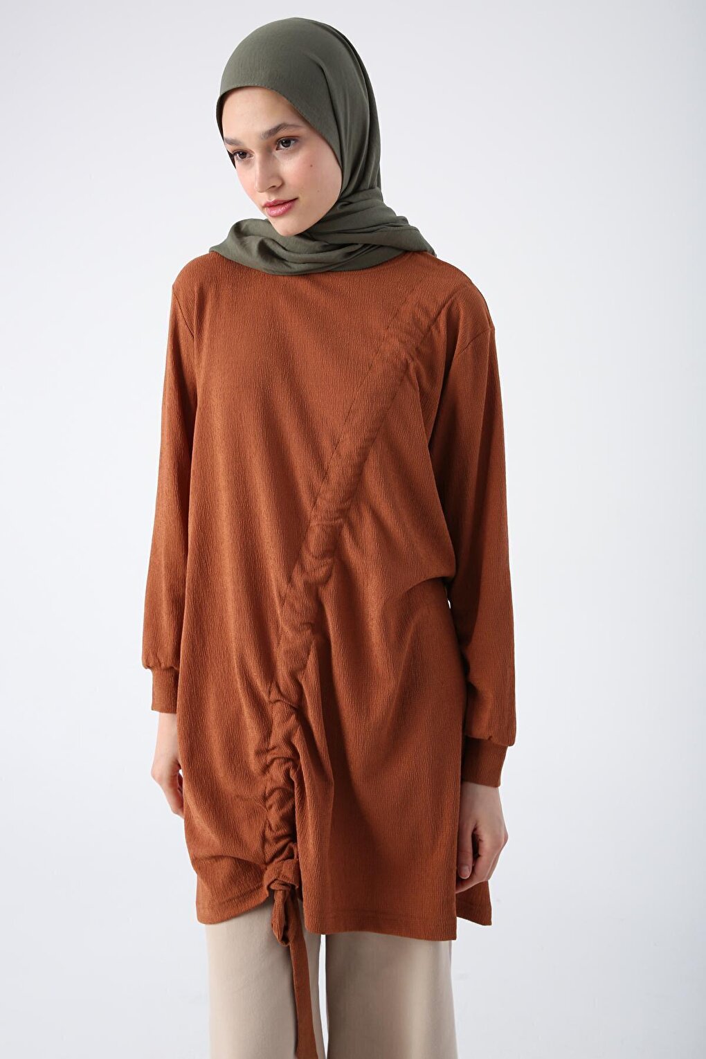 Tan Gathered Tie Detailed Crew Neck Tunic