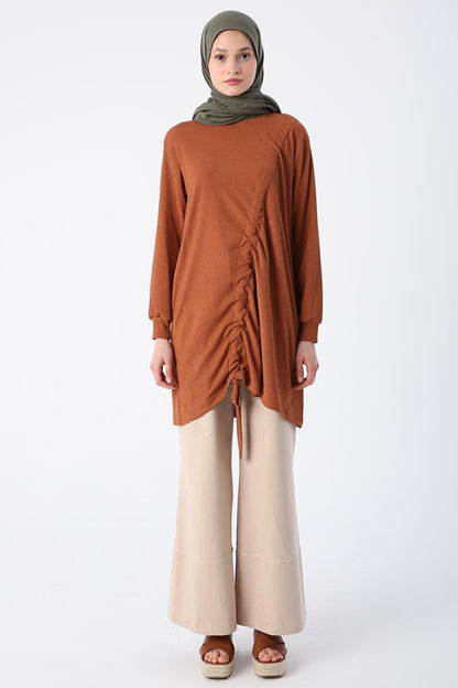 Tan Gathered Tie Detailed Crew Neck Tunic