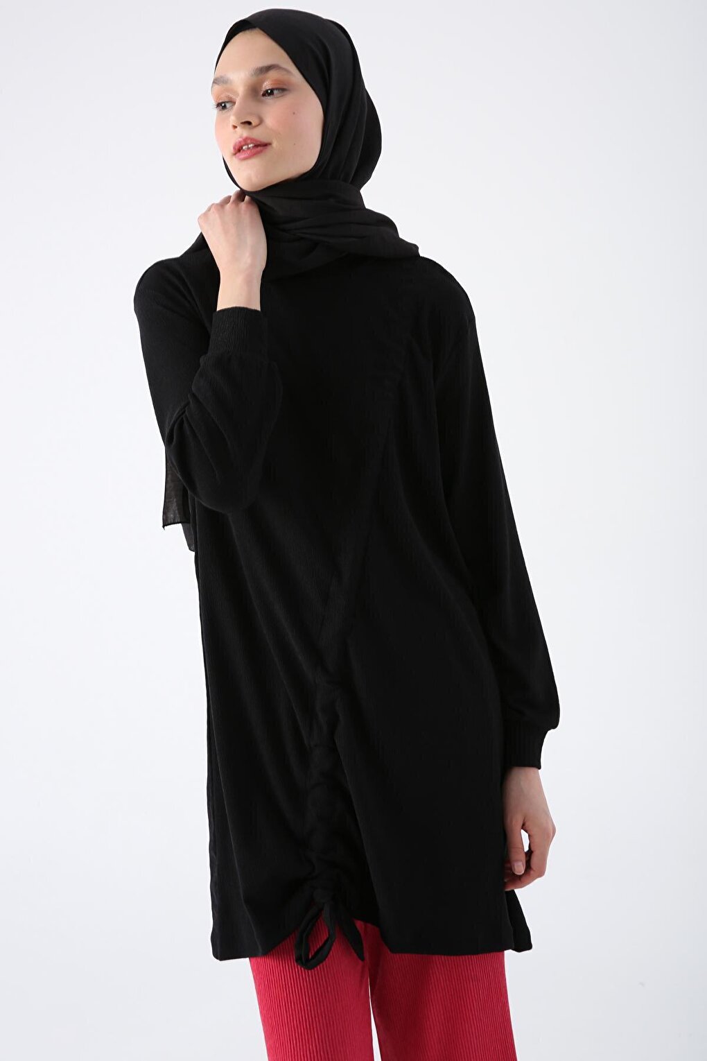 Black Drawstring Tie Detailed Crew Neck Tunic