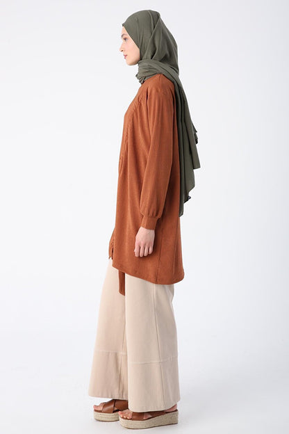 Tan Gathered Tie Detailed Crew Neck Tunic