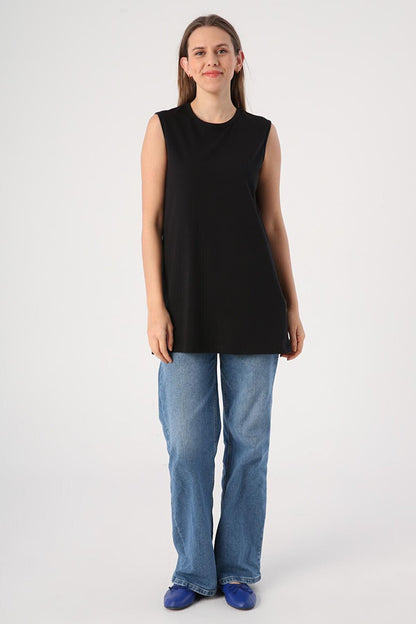 Black Cotton Basic Sleeveless T-Shirt Tunic