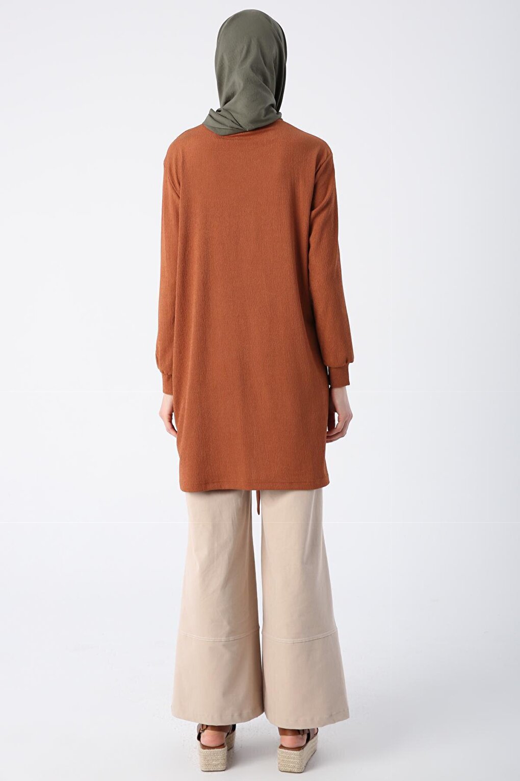 Tan Gathered Tie Detailed Crew Neck Tunic