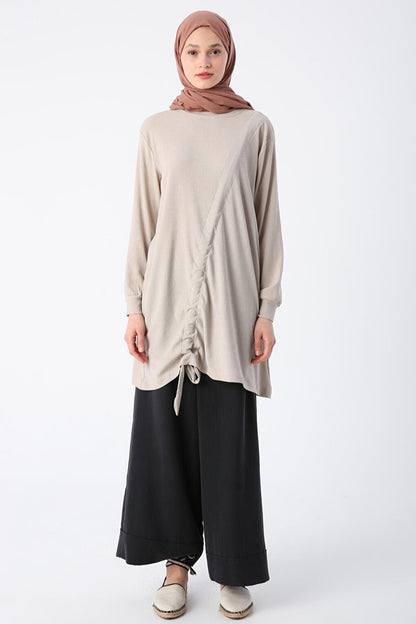 Stone Gathered Tie Detailed Crew Neck Tunic