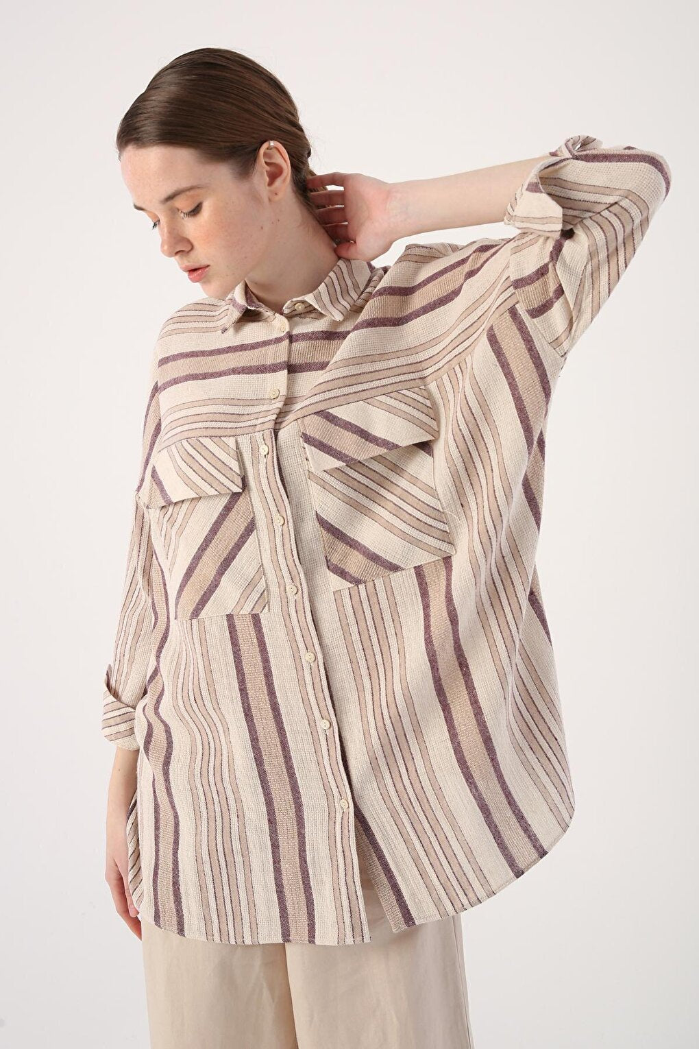 Ecru-Claret Red Striped Viscose Linen Shirt with Flap Pockets