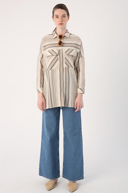 Ecru-Khaki Striped Viscose Linen Shirt with Flap Pockets