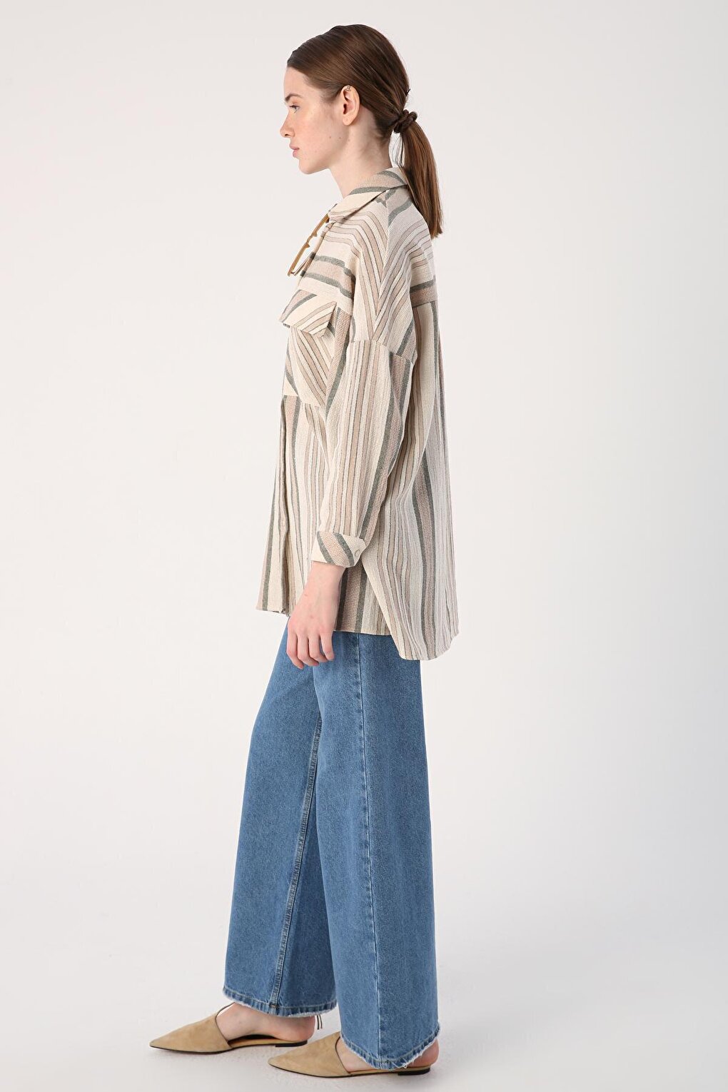 Ecru-Khaki Striped Viscose Linen Shirt with Flap Pockets