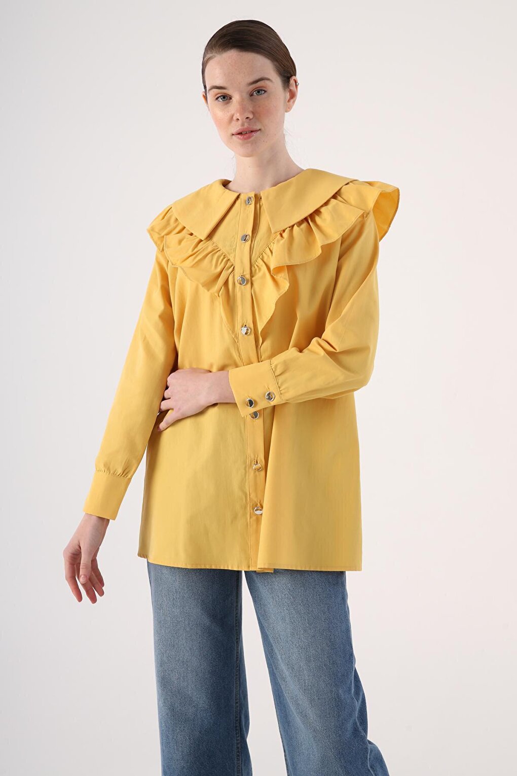 Yellow Ruffled Big Collar Shirt Tunic