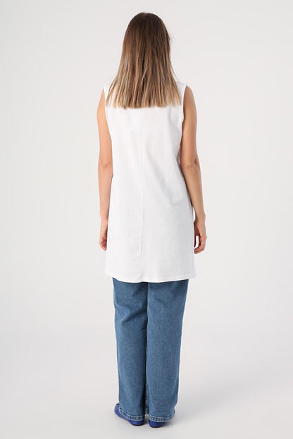 White Cotton Collar Piping Sleeveless Tunic