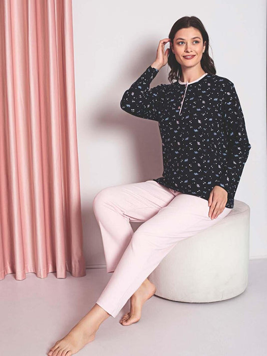 Women's Pajama Set Mother Interlock Three-Button Top Crispy Pattern Cotton Seasonal W30022257