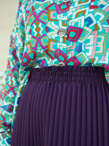 Women's Purple Pleated Skirt with Elastic Waist