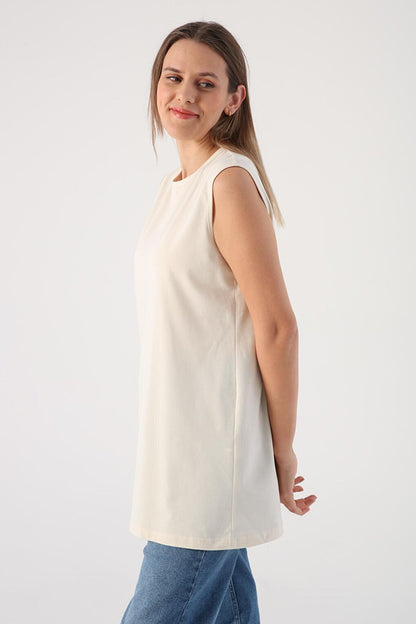 Ecru Cotton Basic Sleeveless T-Shirt Tunic