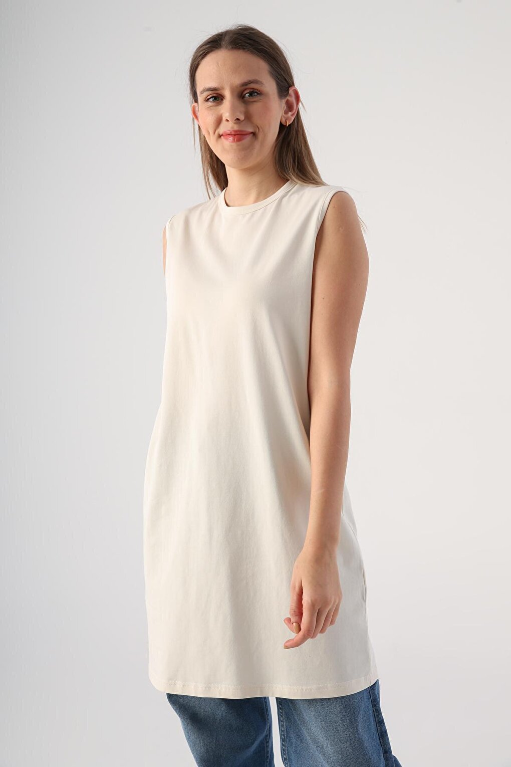 Ecru Cotton Collar Piping Sleeveless Tunic