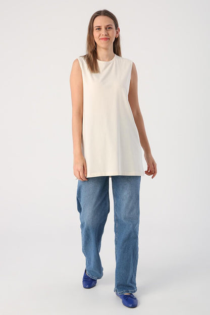 Ecru Cotton Basic Sleeveless T-Shirt Tunic