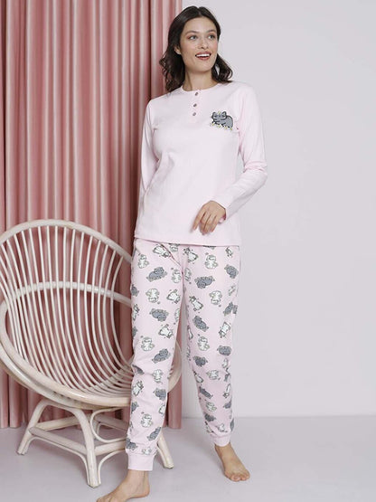 Women's Pajama Set Young Interlock Cat Patterned Leg Ribbed Cotton Seasonal W20492256