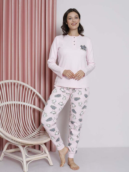 Women's Pajama Set Young Interlock Cat Patterned Leg Ribbed Cotton Seasonal W20492256