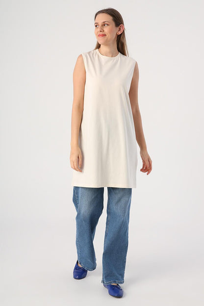 Ecru Cotton Collar Piping Sleeveless Tunic