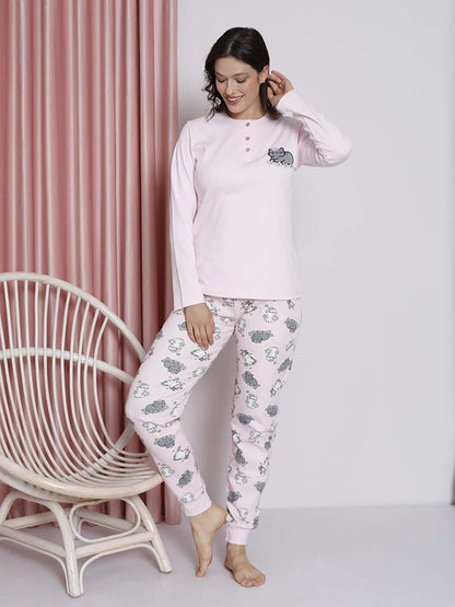 Women's Pajama Set Young Interlock Cat Patterned Leg Ribbed Cotton Seasonal W20492256