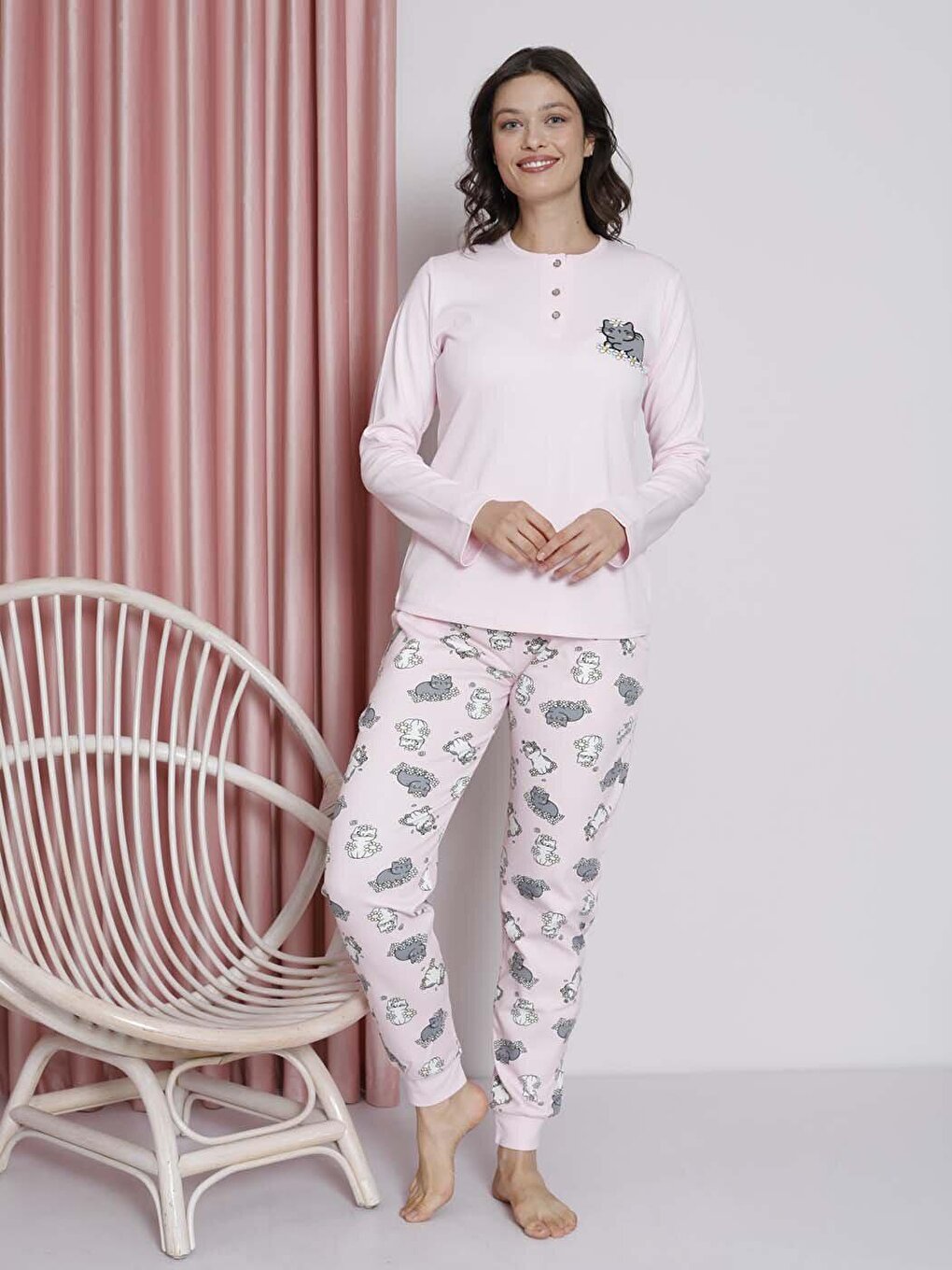 Women's Pajama Set Young Interlock Cat Patterned Leg Ribbed Cotton Seasonal W20492256