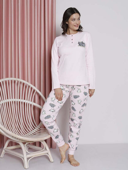 Women's Pajama Set Young Interlock Cat Patterned Leg Ribbed Cotton Seasonal W20492256