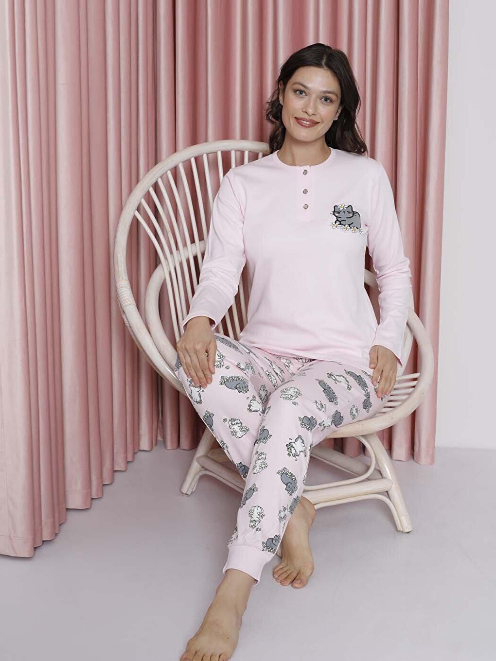 Women's Pajama Set Young Interlock Cat Patterned Leg Ribbed Cotton Seasonal W20492256