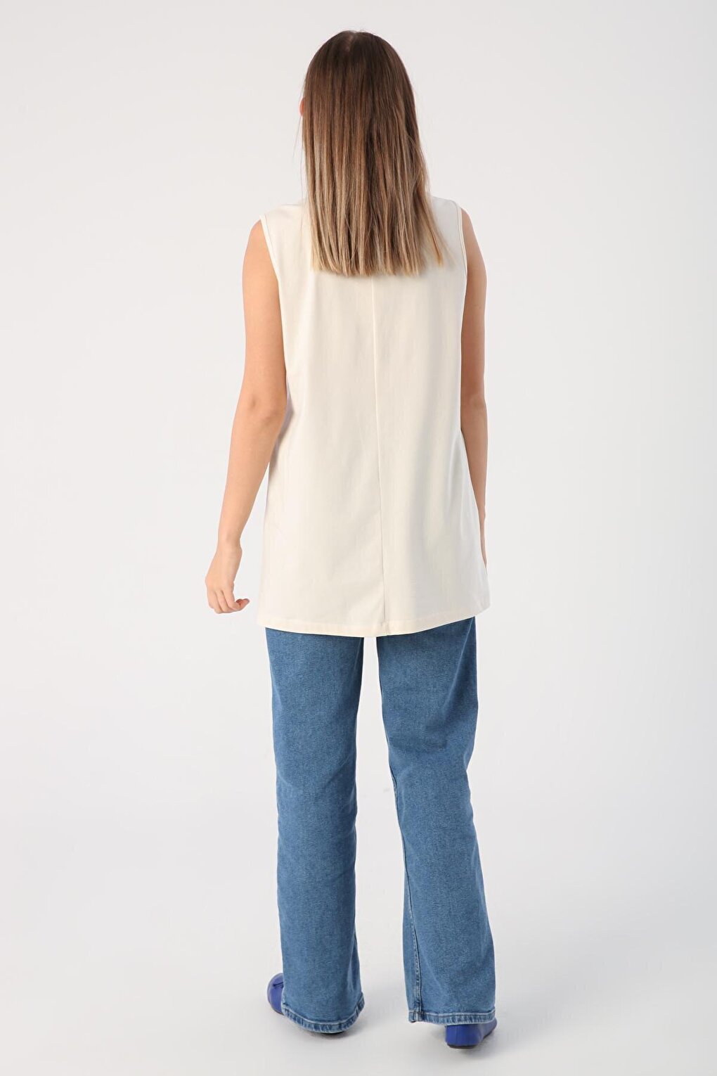 Ecru Cotton Basic Sleeveless T-Shirt Tunic