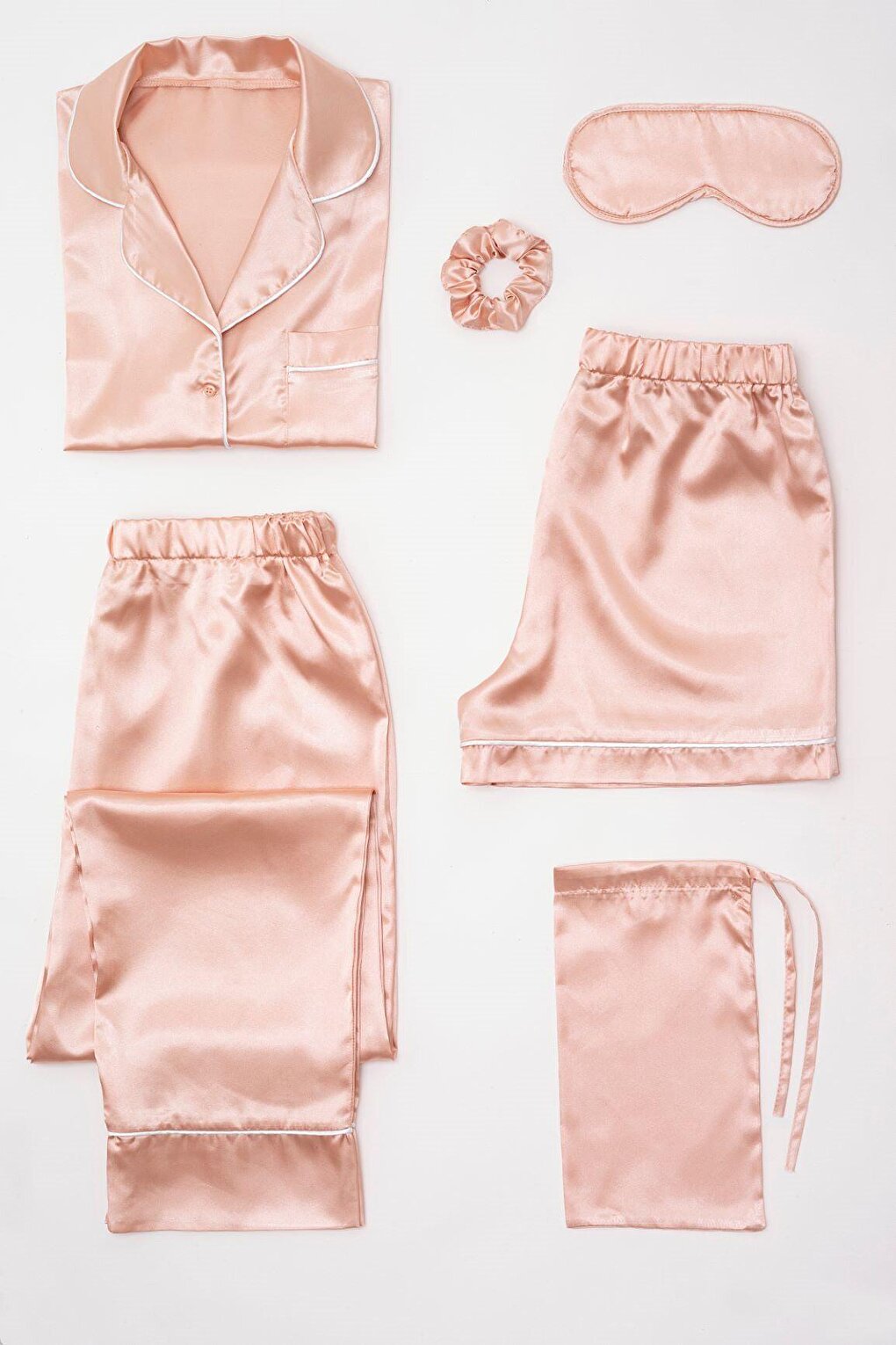 6-Piece White Piping Rose Gold Satin Pajama Set