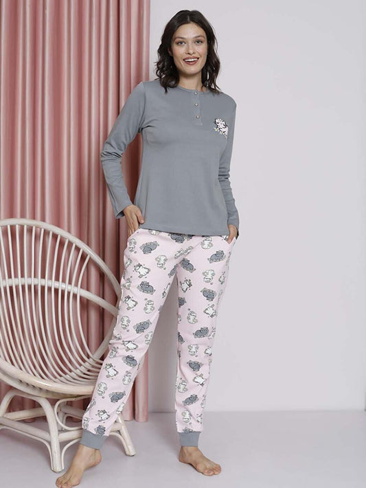 Women's Pajama Set Young Interlock Cat Patterned Leg Ribbed Cotton Seasonal W20492256