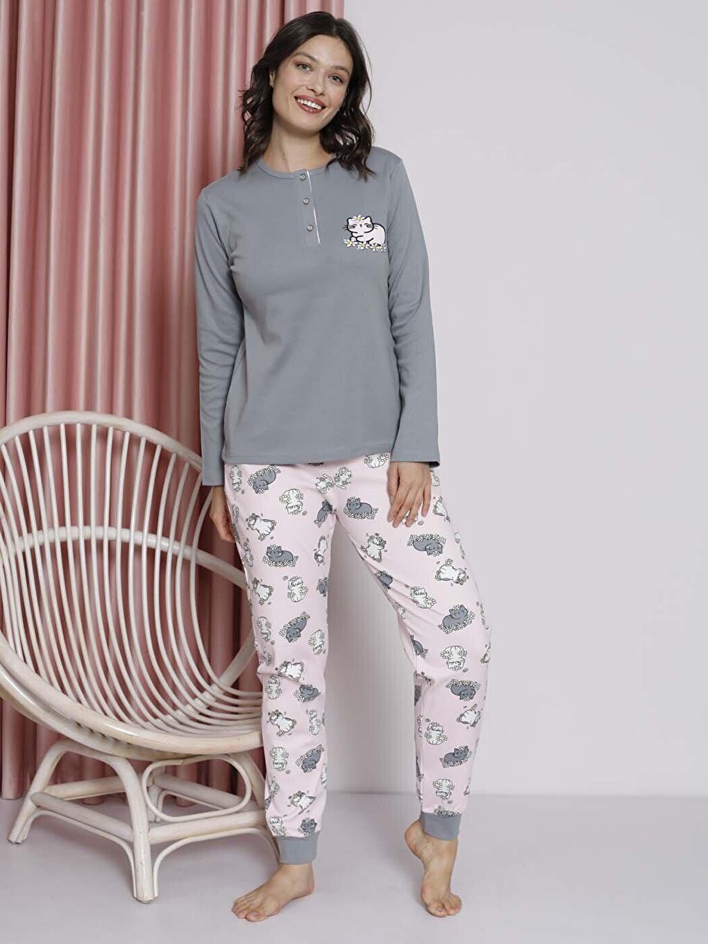 Women's Pajama Set Young Interlock Cat Patterned Leg Ribbed Cotton Seasonal W20492256