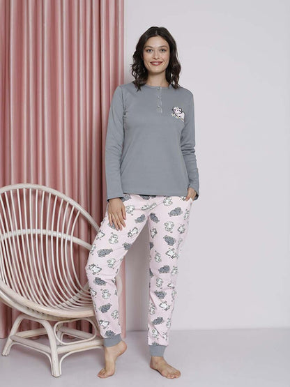 Women's Pajama Set Young Interlock Cat Patterned Leg Ribbed Cotton Seasonal W20492256