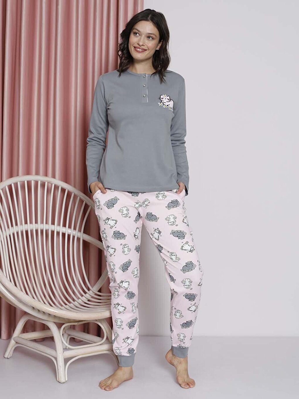 Women's Pajama Set Young Interlock Cat Patterned Leg Ribbed Cotton Seasonal W20492256