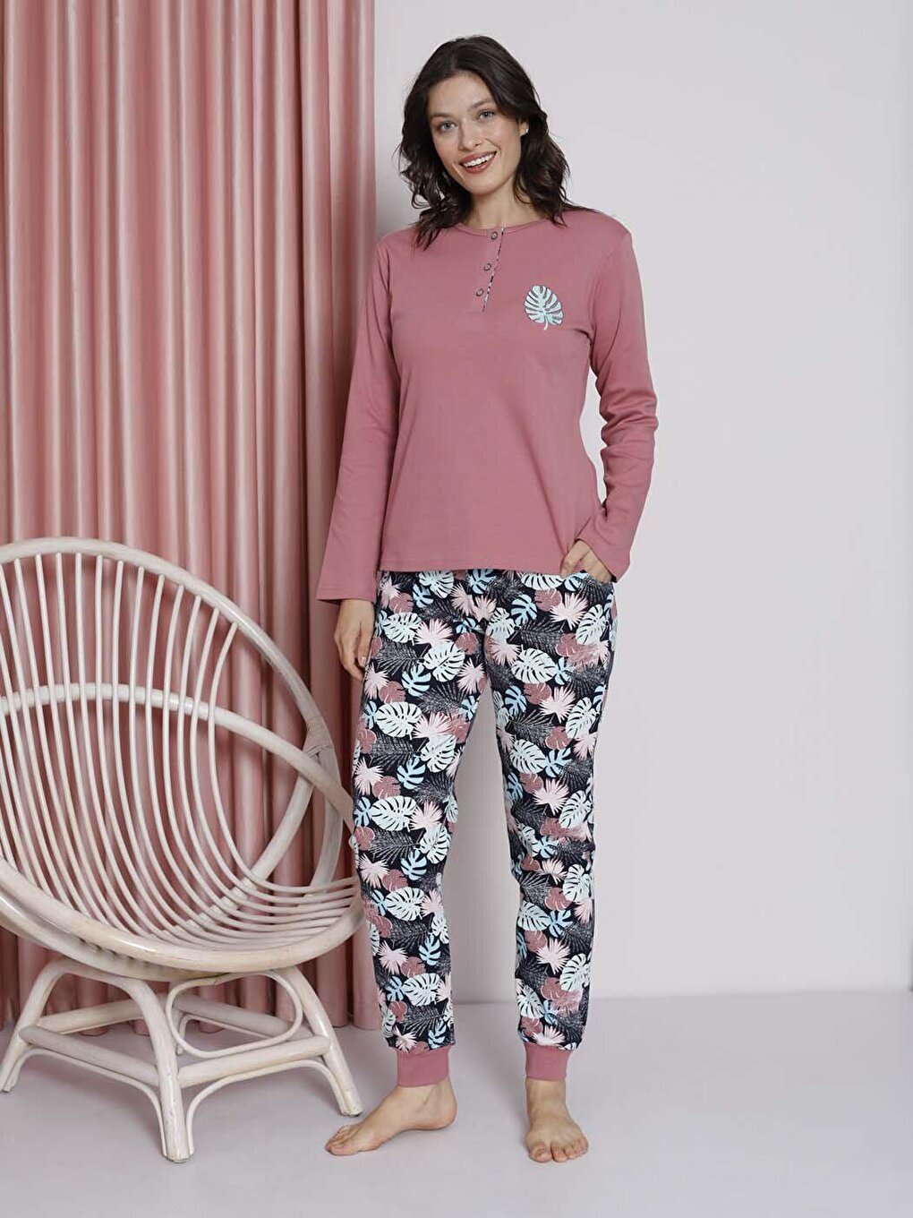 Women's Pajama Set Young Leaf Printed Ribbed Cotton Seasonal W20482255