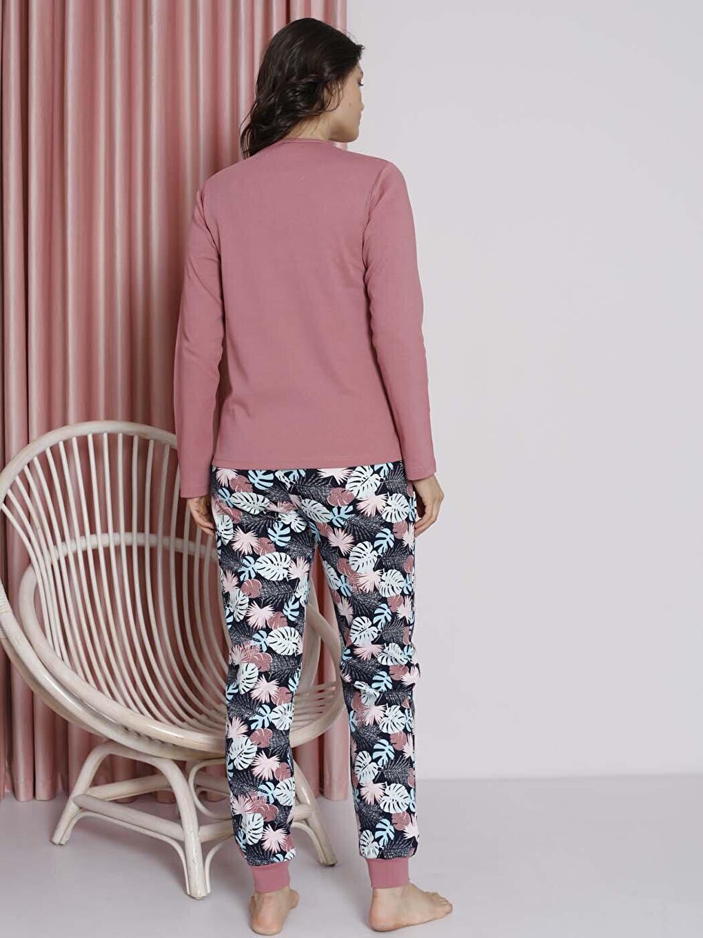 Women's Pajama Set Young Leaf Printed Ribbed Cotton Seasonal W20482255