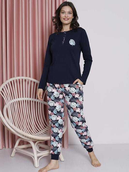 Women's Pajama Set Young Leaf Printed Ribbed Cotton Seasonal W20482255