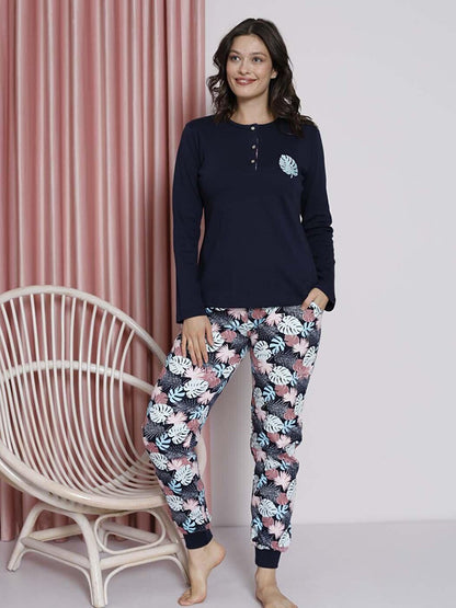 Women's Pajama Set Young Leaf Printed Ribbed Cotton Seasonal W20482255