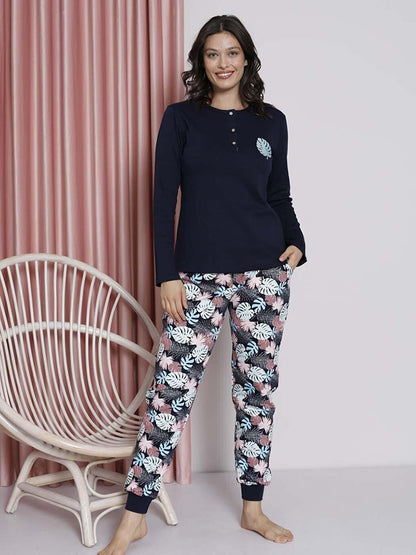 Women's Pajama Set Young Leaf Printed Ribbed Cotton Seasonal W20482255