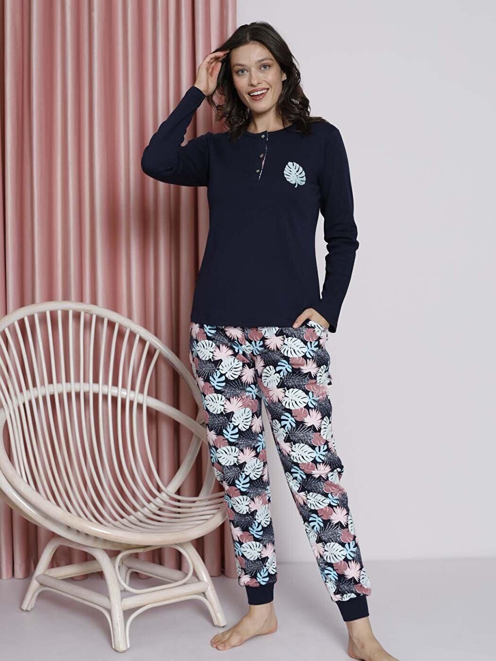 Women's Pajama Set Young Leaf Printed Ribbed Cotton Seasonal W20482255