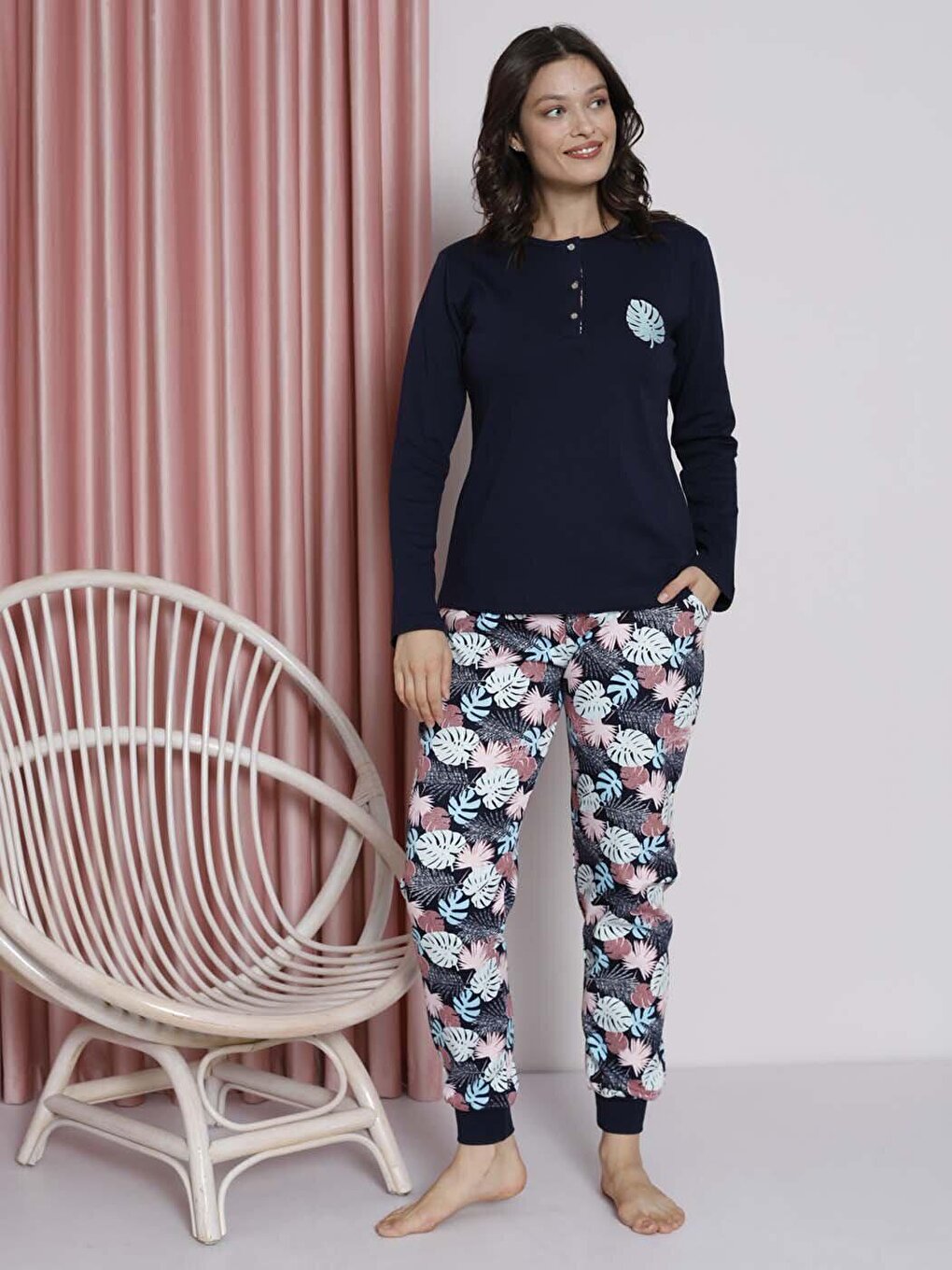 Women's Pajama Set Young Leaf Printed Ribbed Cotton Seasonal W20482255