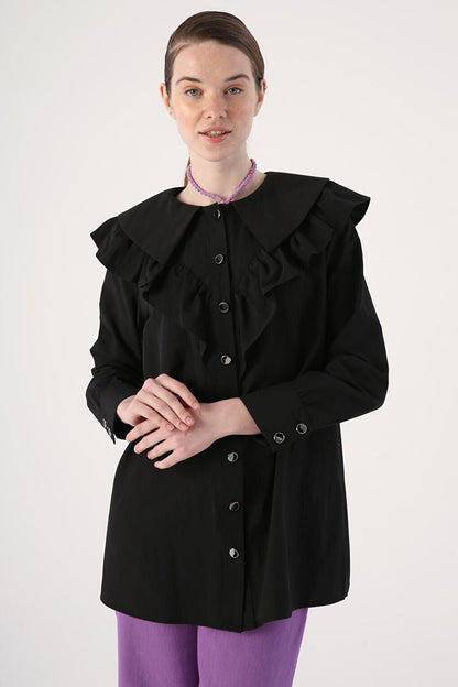 Black Ruffled Big Collar Shirt Tunic