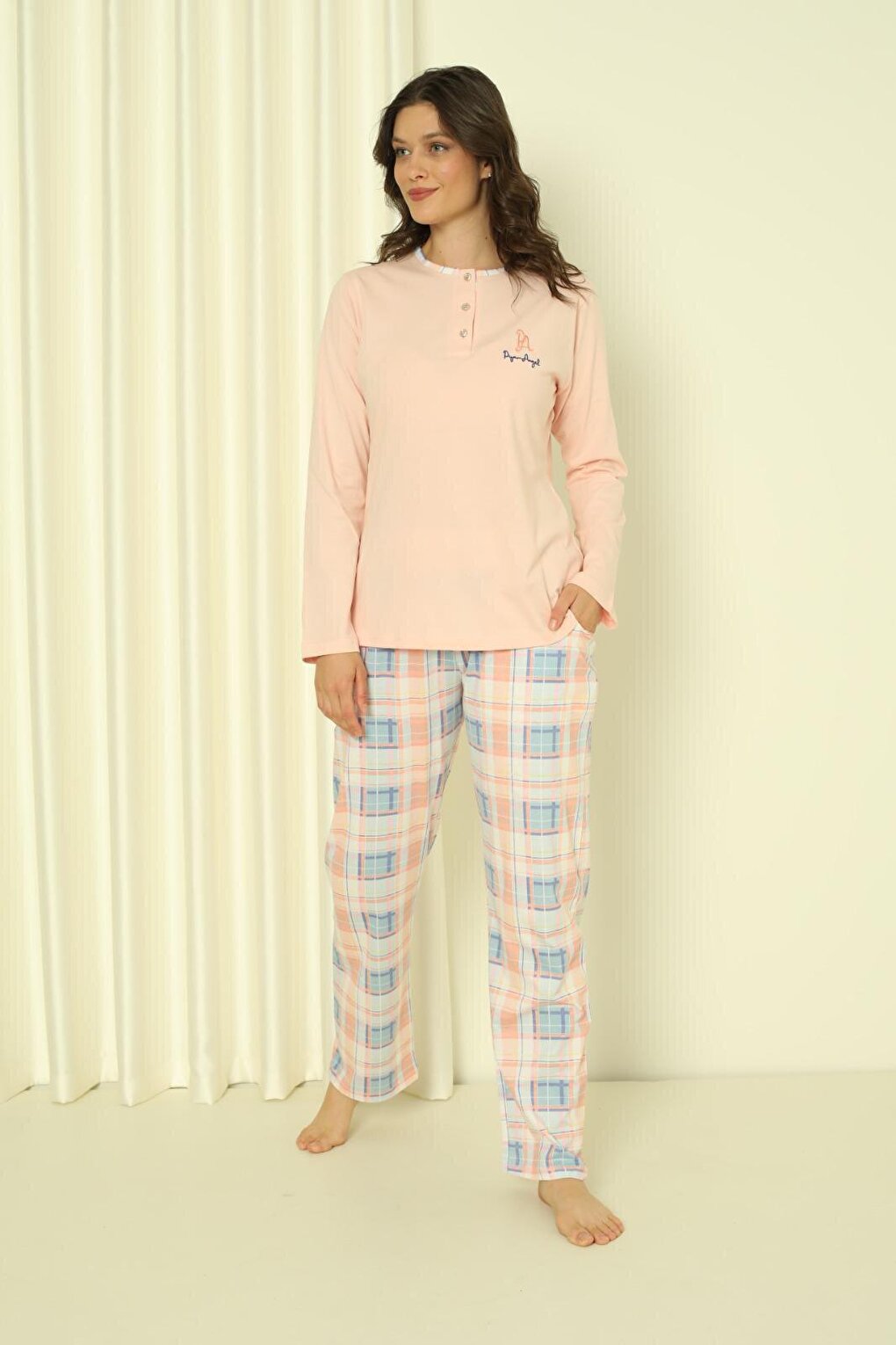 Women's Pajama Set Single Jersey Long Sleeve Bottom Plaid Cotton Seasonal W20302244