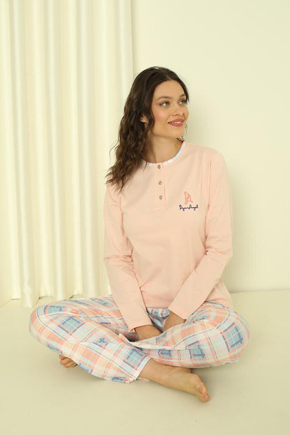 Women's Pajama Set Single Jersey Long Sleeve Bottom Plaid Cotton Seasonal W20302244