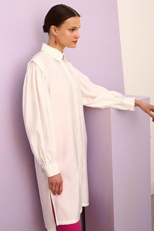 Ecru Sleeves Gathered Slit Shirt Tunic