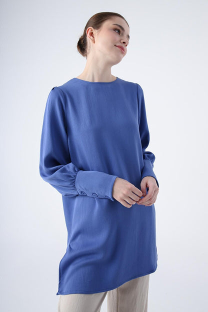 Blue Button Detailed Back Slit Crew Neck Wide Cuff Tunic