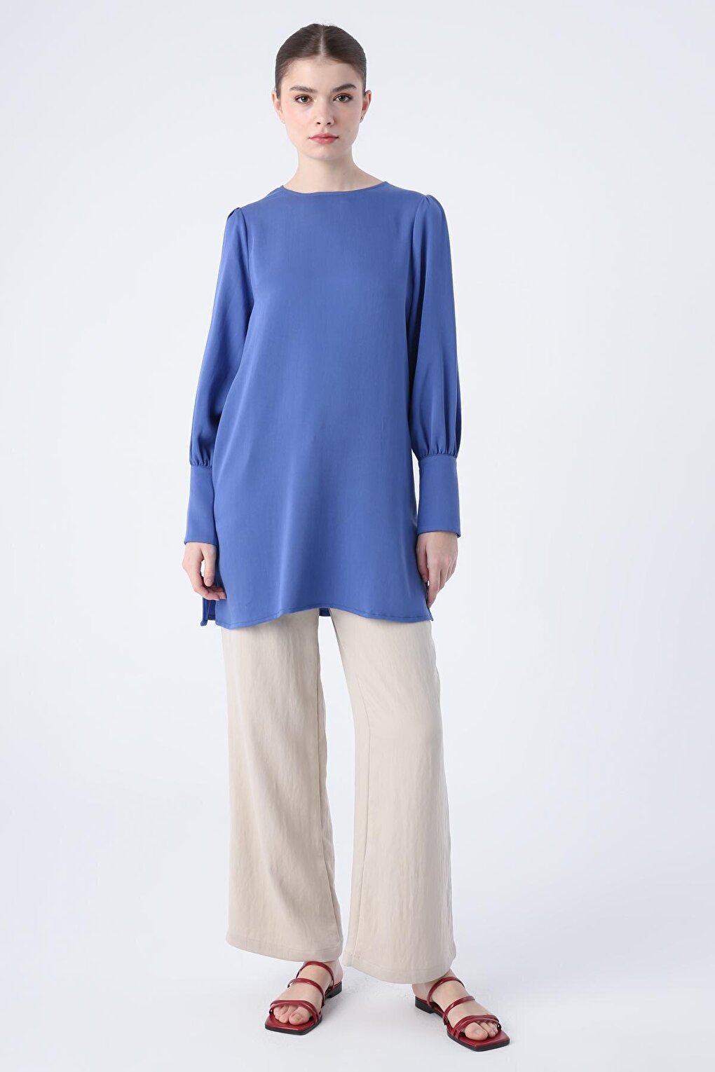 Blue Button Detailed Back Slit Crew Neck Wide Cuff Tunic