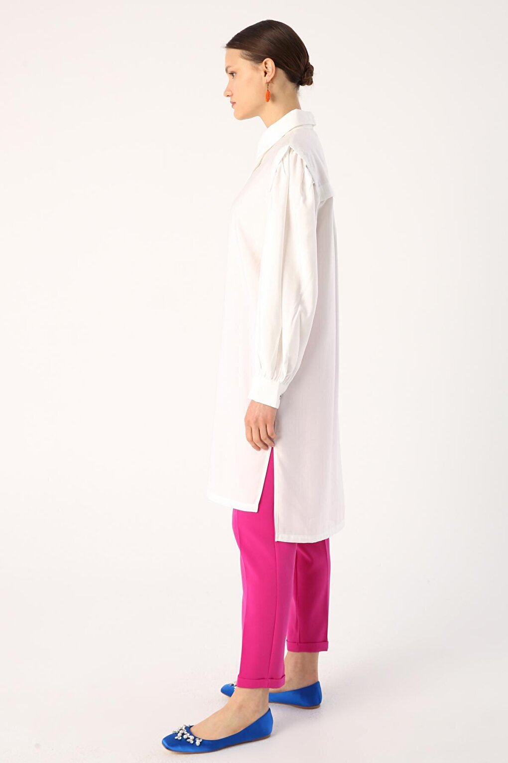 Ecru Sleeves Gathered Slit Shirt Tunic