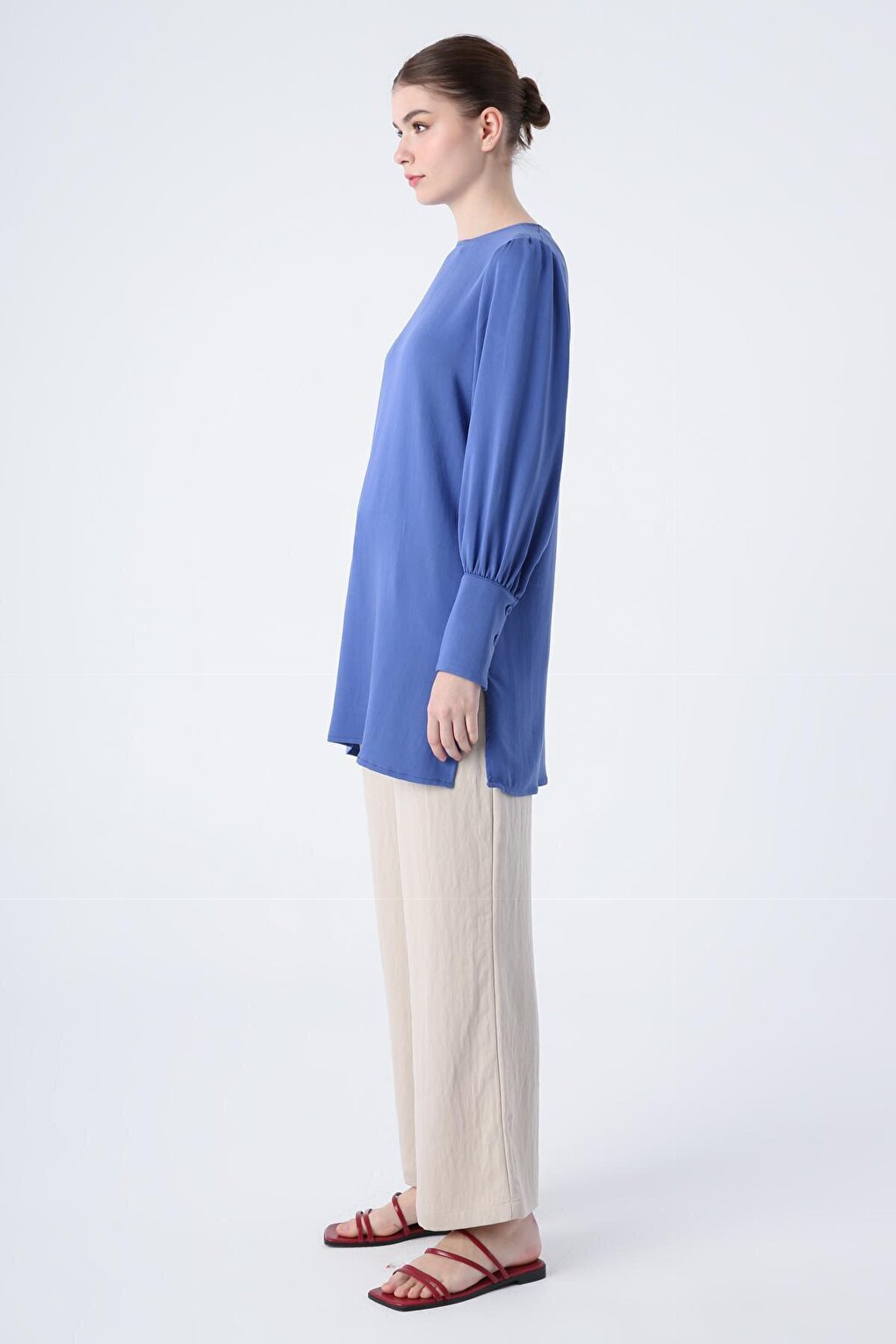 Blue Button Detailed Back Slit Crew Neck Wide Cuff Tunic