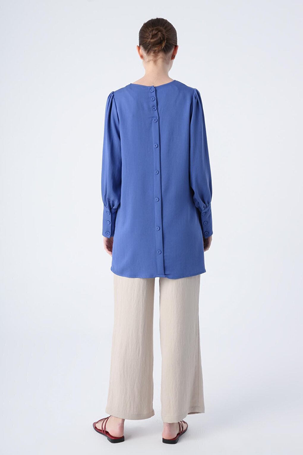 Blue Button Detailed Back Slit Crew Neck Wide Cuff Tunic