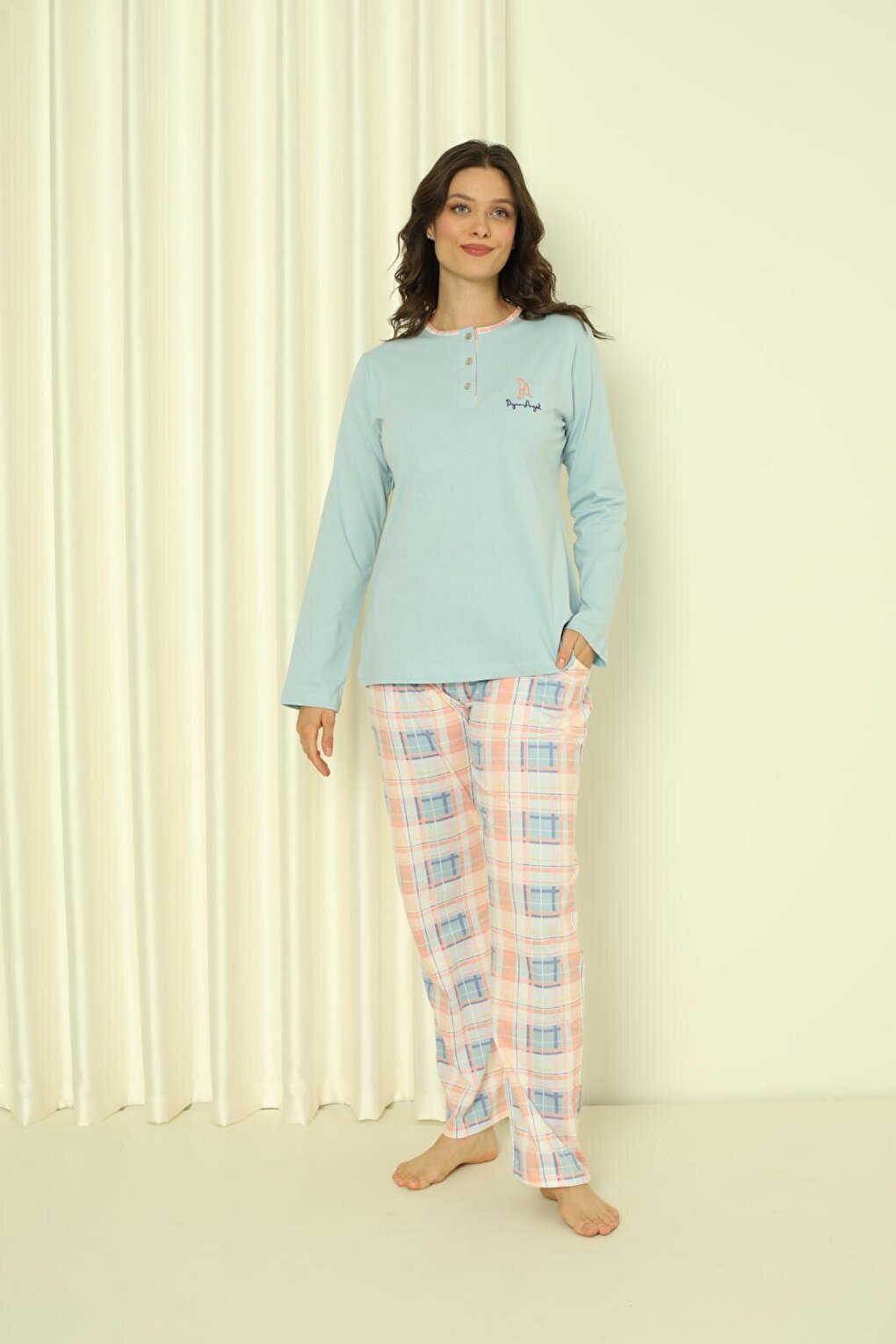 Women's Pajama Set Single Jersey Long Sleeve Bottom Plaid Cotton Seasonal W20302244