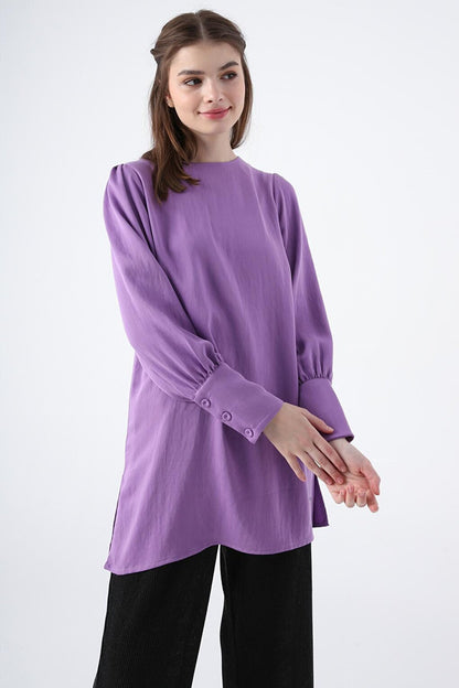 Purple Back Button Detailed Slit Crew Neck Wide Cuff Tunic